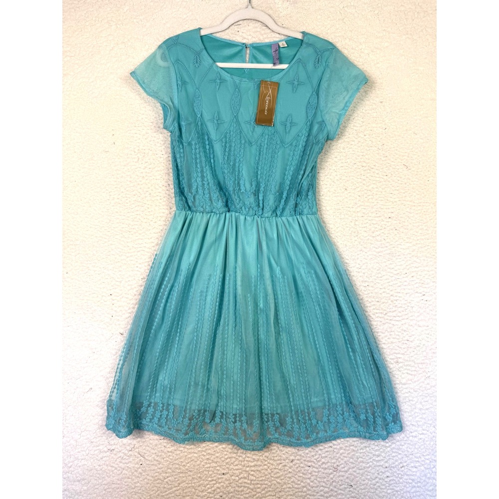 Alya Dress Womens L Teal Fit & Flare Tulle Sheer Lace Embroidery Floral
